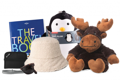 Small Bag, Travel Book, Bucket Hat, Penguin Pillow, Stuffed Moose