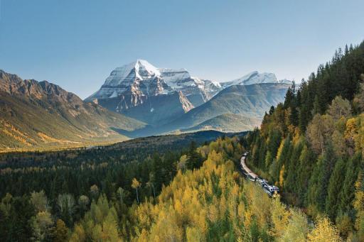 Tourist train traveling in the mountains of Canada