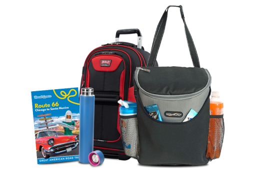 Luggage and Route 66 Guidebook with Metal Water Bottle