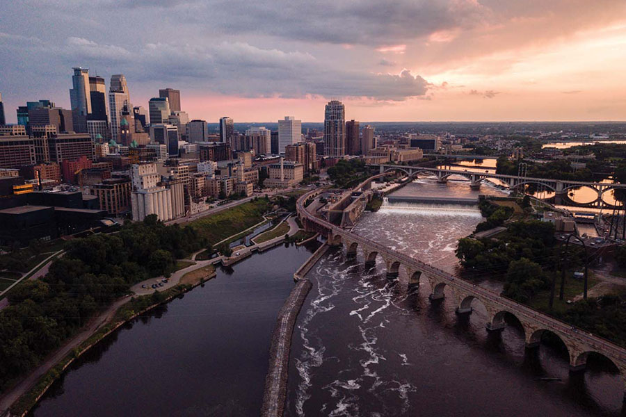 Minneapolis Skyline with Stone Arch Bridge and Mississippi River